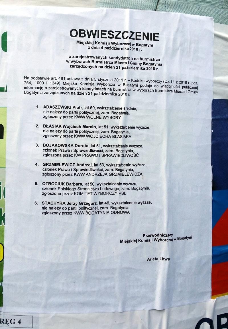 Obwieszczenie MKW o kandydatach na burmistrza Bogatynia, fot. bogatynia.info.pl